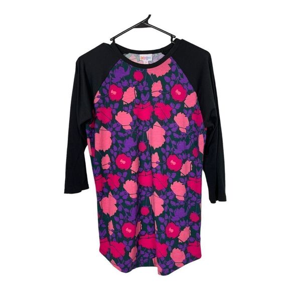 LuLaRoe Sz Small 3/4 Sleeves Baseball Tee Floral Purple Pink Raglan Top EUC - Picture 9 of 9